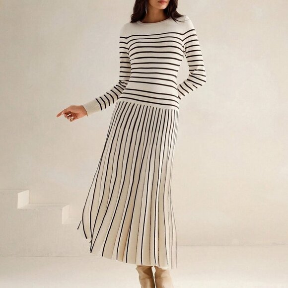 White Casual Women's Striped Pleated Long Sweater Dress - Picture 1 of 7